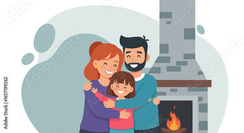 Happy family (parents and daughter) hugging by a warm fireplace at home, symbolizing love, comfort, and togetherness.