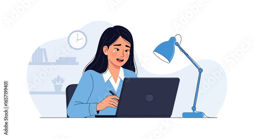 Distressed woman crying at her desk while working on a laptop, depicting burnout, mental health struggles, or emotional stress in a business or study setting.