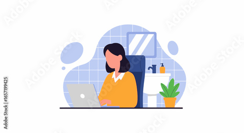 Woman working remotely on a laptop from a home office, showcasing flexible work and modern productivity. Ideal for lifestyle and business concepts.