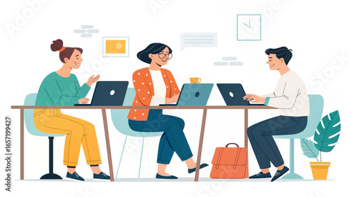 Diverse professionals collaborate productively on laptops in a modern office, symbolizing teamwork, innovation, and digital business success.