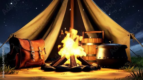 Campfire scene at night under a canvas tent
