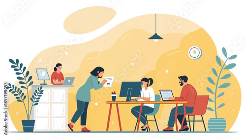 Diverse team collaborates in a modern, vibrant office setting. Illustrates productivity, teamwork, and a dynamic work environment for business concepts.
