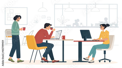 Diverse team collaborates in a modern office, engaged in focused work and discussions. Ideal for business, technology, or corporate lifestyle themes.