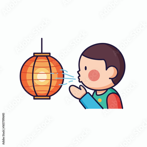 A cartoon child blows blue air lines at an orange round striped lantern with an inner glow on white
