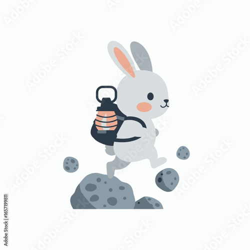 Cartoon grey rabbit with lantern backpack hops on dark grey moon rocks