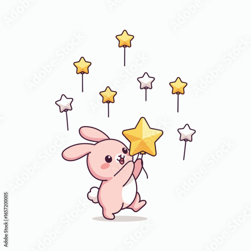 A pink cartoon bunny holds a yellow star balloon surrounded by several other star balloons