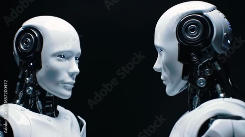 Two humanoid robots face each other against a black backdrop, showcasing intricate mechanical details