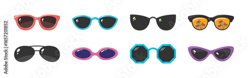 Sunglass flat icon set. Various types, modern shape, retro style, oval frame, round lens, cat eye, geometric design, black glass, tinted surface, palm reflection, cartoon colorful summer accessory