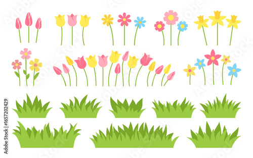 Spring blooming separate flowers and green grass set front view. Tulip daffodil daisy chamomile, buds with stems, flat minimal cartoon colorful illustration. Soft palette, decorative plant mix