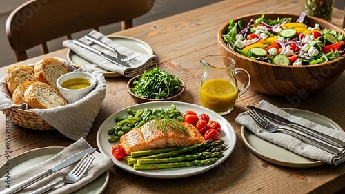 Delicious Salmon Dinner with Salad and Bread on Wooden Table