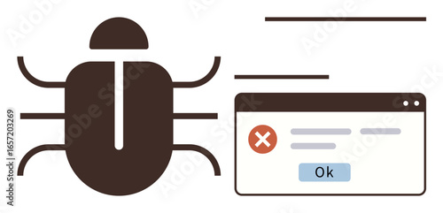 Large bug icon next to an error message window with a red cross and Ok button. Ideal for technology, software, coding, debugging, troubleshooting, system error, risk. Simple flat metaphor