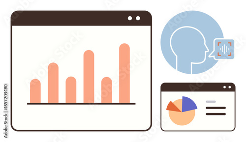 Bar graph, pie chart, user profile, and voice recognition element symbolize analytics, AI, teamwork, innovation, strategy, monitoring and research in a clean and simple flat metaphor