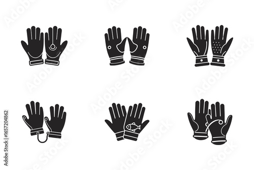 Black and White Glove Icon Set for Cold Weather Protection and Style Versatility Diverse Glove Design Options