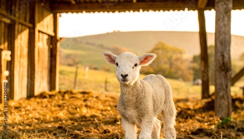 Wallpaper Mural A lamb gazes inquisitively from beneath a rustic wooden barn, bathed in the warm, golden light of a rural scene. Torontodigital.ca