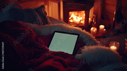 Cozy evening scene Person relaxes under blankets on a bed near a fireplace, using a tablet with a blank screen.  Candles and warm lighting create a tranquil ambiance