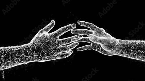 Two hands reaching towards each other, showcasing intricate details in a dark background