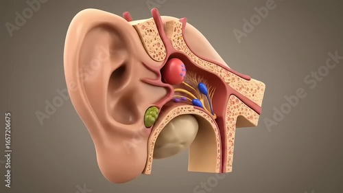 Detailed anatomical model of human ear showcasing inner structures and functions