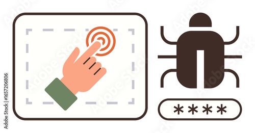 Hand tapping touchscreen button, bug icon, and password hints digital security issues. Ideal for cybersecurity, data protection, hacking, system vulnerability, malware, password security simple flat