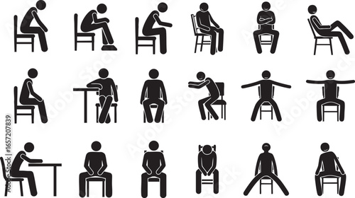 Sitting Men Stick Figure Vector Set. People Sitting on Chairs.