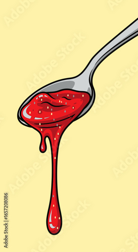 A spoonful of glistening red jam drips onto a pale yellow background.