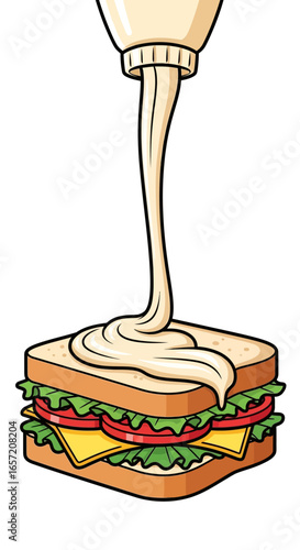 Creamy mayonnaise pouring onto a delicious sandwich filled with cheese and lettuce.