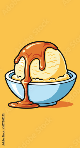 Vanilla ice cream scoop in a blue bowl, drizzled with caramel sauce, against a yellow background.
