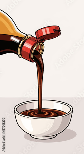 Soy sauce being poured from a bottle into a small white bowl, against a neutral background.