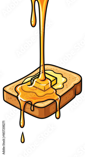 Honey being poured onto a slice of toast with a pat of butter, creating a sweet and delicious breakfast.
