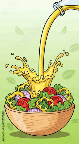 Salad dressing is poured onto a fresh salad in a wooden bowl, creating a splash.