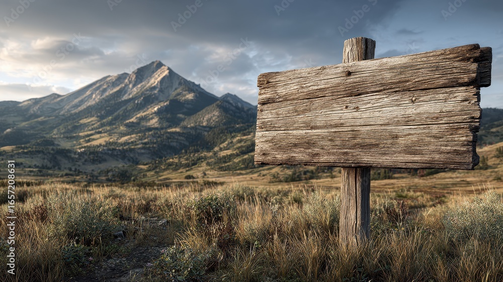 Naklejka premium Wooden sign in the middle of a golden field with mountains under a blue sky at daytime