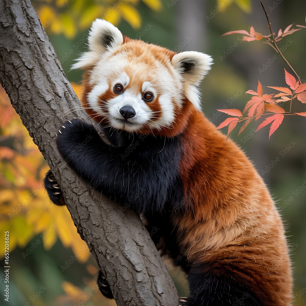 Fototapeta premium Red Panda on Tree Trunk with Autumn Leaves animal wildlife