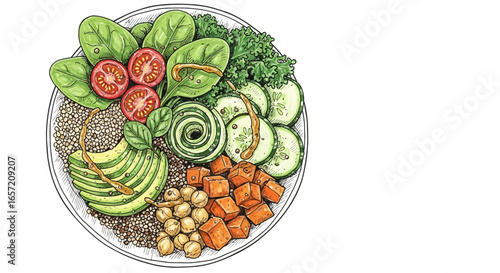 A detailed illustration of a vibrant and healthy vegan salad bowl with fresh ingredients.