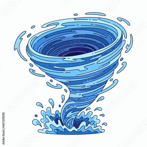Dynamic blue cartoon water vortex illustration with swirling liquid and splashing water around its base and top