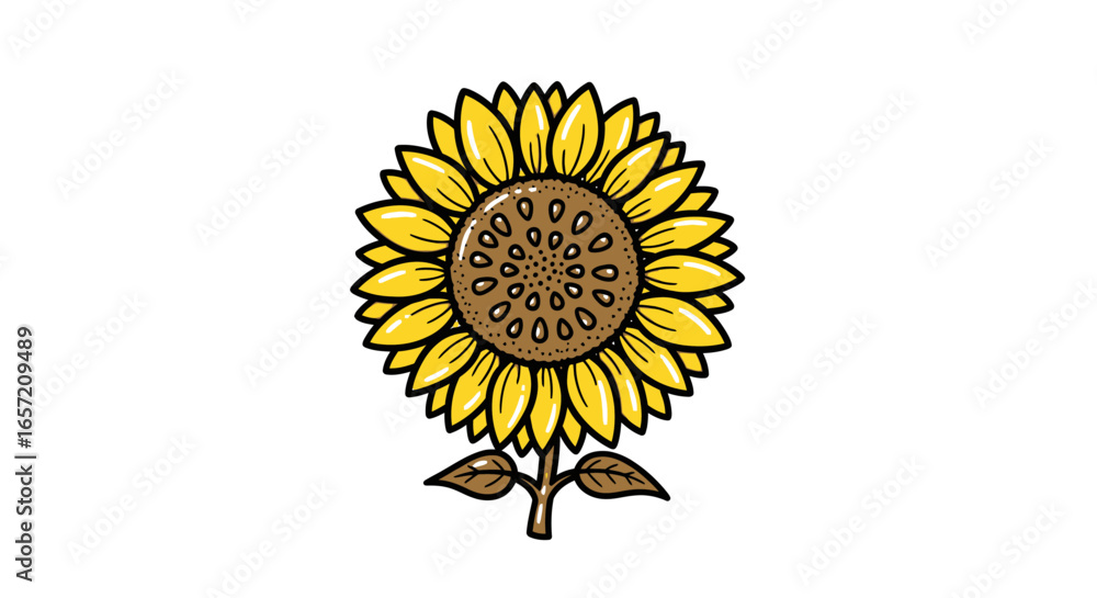 Obraz premium A detailed illustration of a sunflower, showcasing its yellow petals, brown center, and green stem.