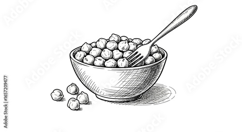 A bowl of chickpeas with a fork, a simple food illustration.