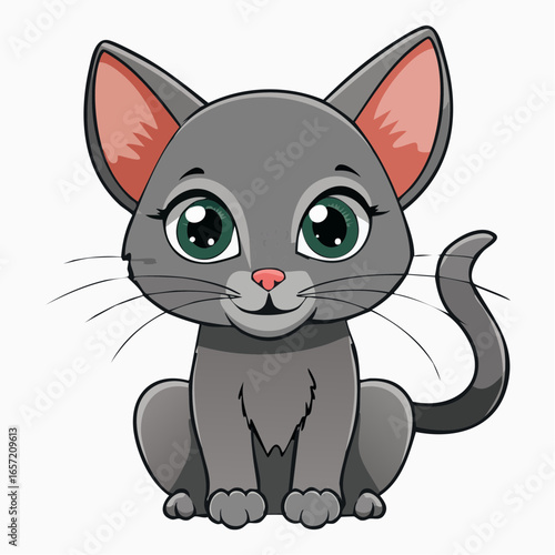 A delightful, cute, and charming cartoon-style vector illustration depicting an adorable gray kitten with large, expressive green eyes, captured in a relaxed sitting pose.