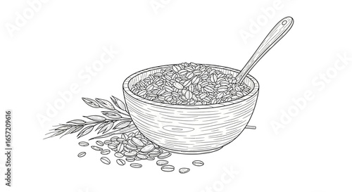 A hand-drawn black and white illustration of a bowl of oatmeal with a spoon, accompanied by oat stalks and loose grains.