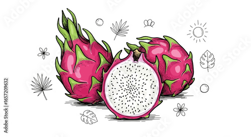 Close-up illustration of a dragon fruit, showing a whole fruit and a slice, with various decorative elements.