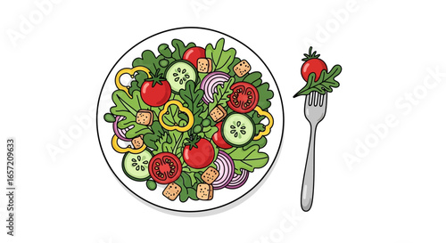 Illustration of a fresh salad with tomatoes, cucumbers, onions, peppers, and croutons.
