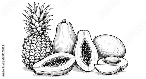 Close-up illustration of whole and sliced pineapples, papayas, and mangoes.