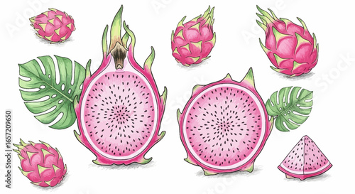 Detailed watercolor illustration of dragon fruit, showcasing slices and whole fruits with leaves.