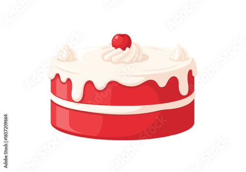 A delicious two-layer red velvet cake with white cream cheese frosting dripping down the sides and a cherry on top.
