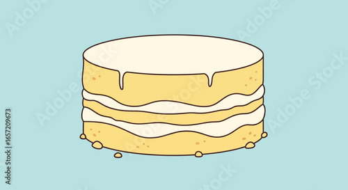 Minimalist illustration of a layered vanilla cake with white frosting drips on a light blue background.