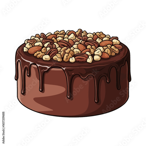 A round chocolate cake topped with various nuts and drizzled with chocolate ganache.