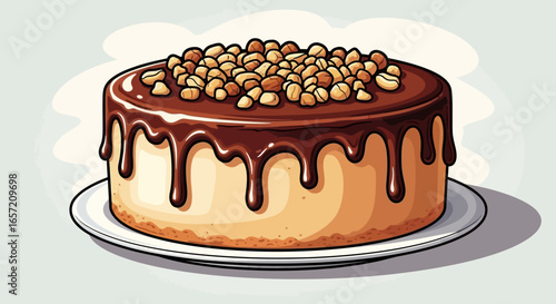 Delicious round cake with rich chocolate ganache dripping and a generous topping of crunchy nuts on a white plate.