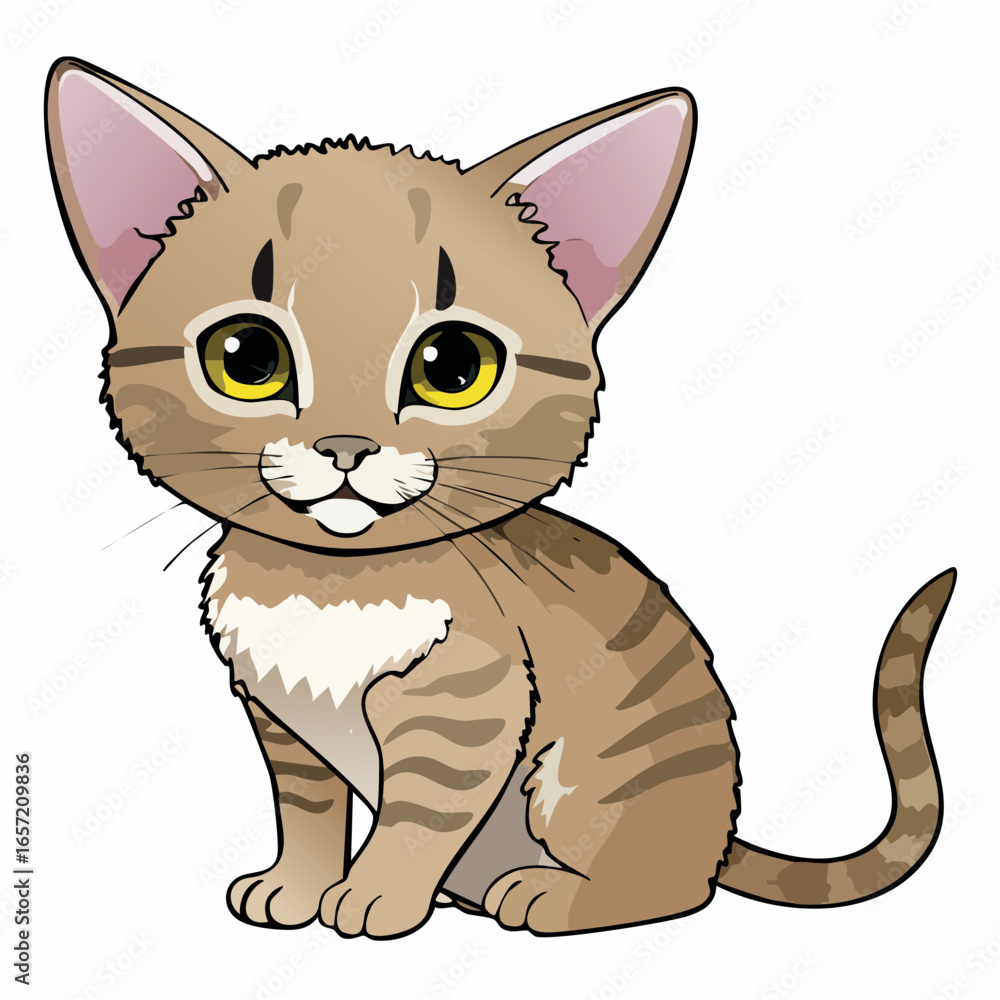 Fototapeta premium A charming and adorable cartoon-style vector illustration depicting a sitting tabby kitten with large expressive eyes, radiating cuteness and a friendly demeanor for various design projects.