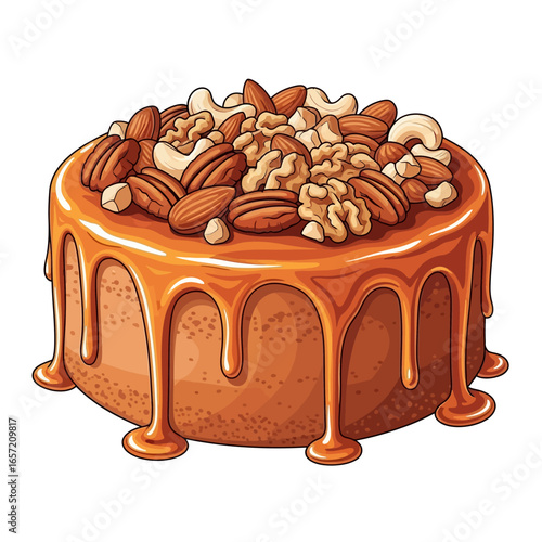 A delicious illustrated cake with a rich caramel drip, generously topped with assorted nuts like almonds, walnuts, and pecans.