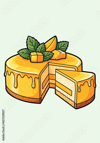 A beautifully illustrated mango cake with a slice cut out, showcasing the layers and deliciousness.