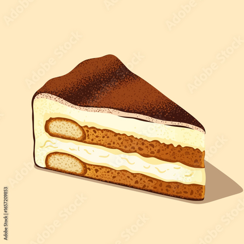 A slice of tiramisu cake, with layers of ladyfingers and creamy filling, displayed in a detailed illustration.