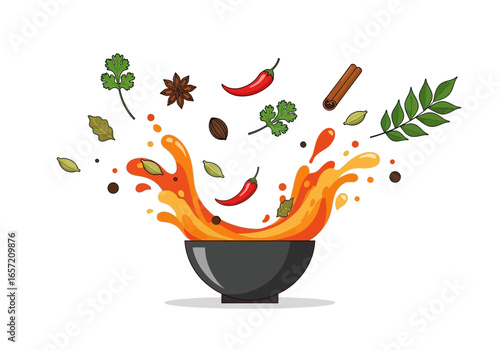 A vibrant splash of colorful spices and herbs erupting from a bowl, suggesting a flavorful culinary experience.